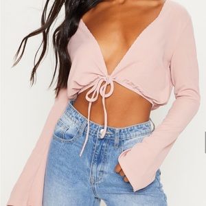Light Pink Long Sleeve Rib Tie Hem Crop Top